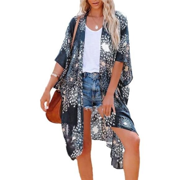 Boho Navy Blue Geometric Printed Cardigan Kimono Duster‎ Bikini Swimsuit Coverup - Picture 5 of 6